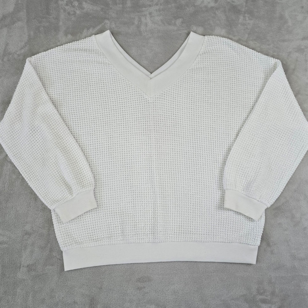 Womens XL‎ White Waffle Knit V Neck Oversized Thermal Sweater